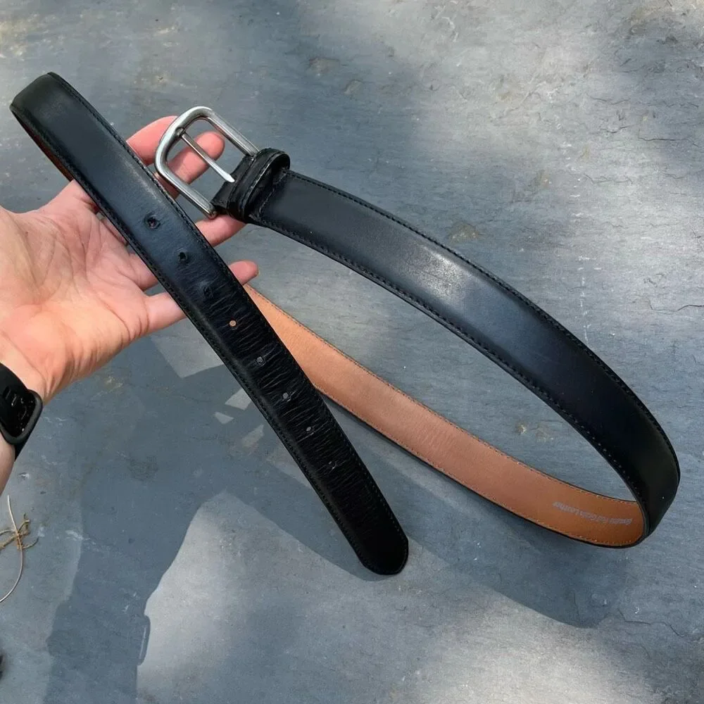 L.L.Bean Black Full Grain Leather Belt Sz 46 USA Silver Buckle 42–49